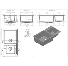 Desen tehnic al unei chiuvete cu două cuve și indicații de dimensiuni