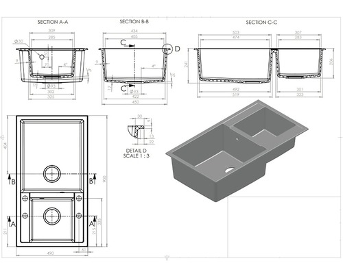 Desen tehnic al unei chiuvete cu două cuve și indicații de dimensiuni