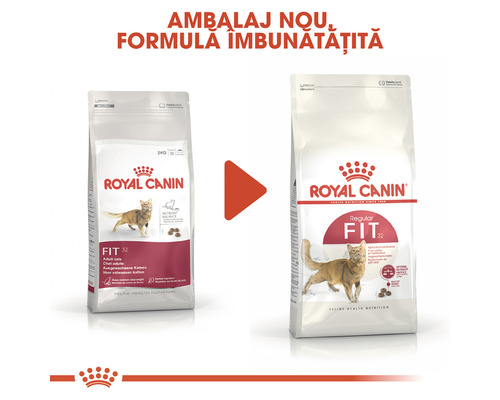 Două pachete de hrană pentru pisici Royal Canin Fit 32 cu formulă îmbunătățită