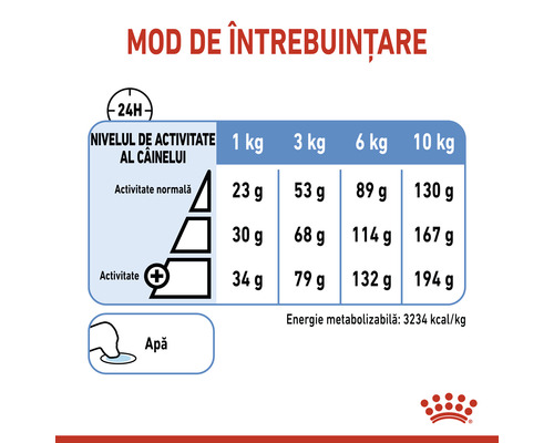 Recomandare de hrănire pentru hrana câinilor, cu nivelul de activitate și greutatea câinelui