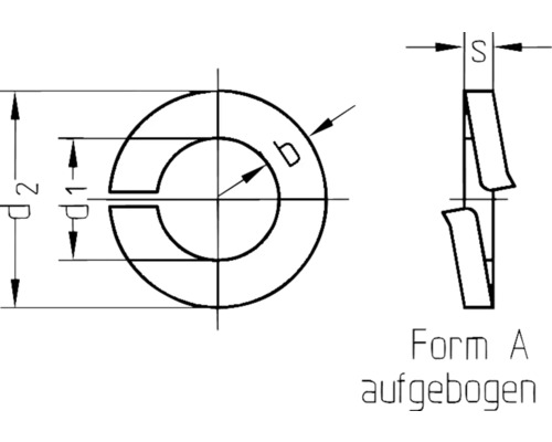 Desen tehnic al unei șaibe elastice de blocare, forma A