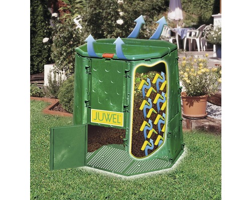 Recipient compost în grădină cu ușa deschisă și ilustrație de ventilație.