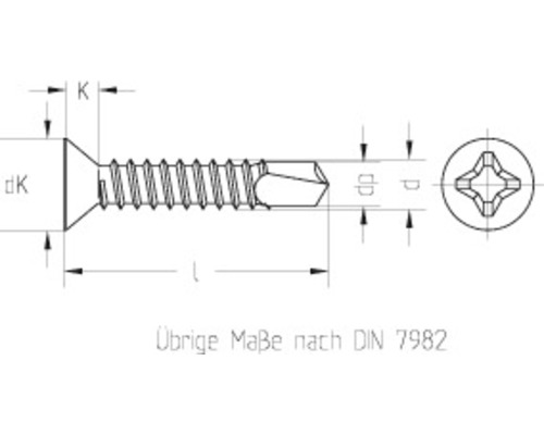 Desen tehnic al unui șurub cu cap înecat conform DIN 7982 cu dimensionare