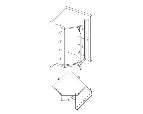 Desen tehnic al unei cabine de duș de colț cu dimensiuni