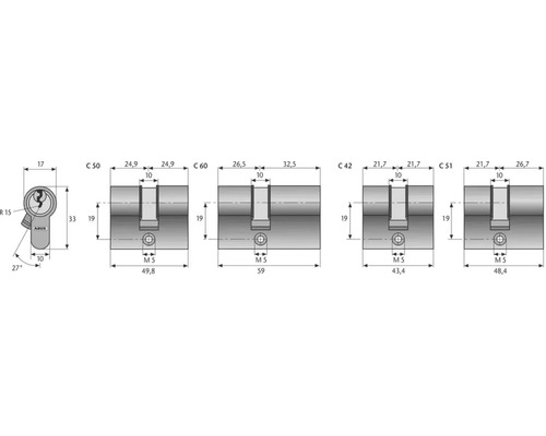 Desen tehnic al cilindrilor de ușă ABUS cu indicații de dimensiuni