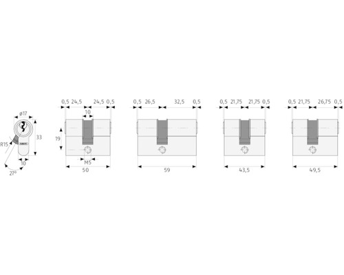 Desen tehnic al unui cilindru cu profil ABUS cu indicații de dimensiuni