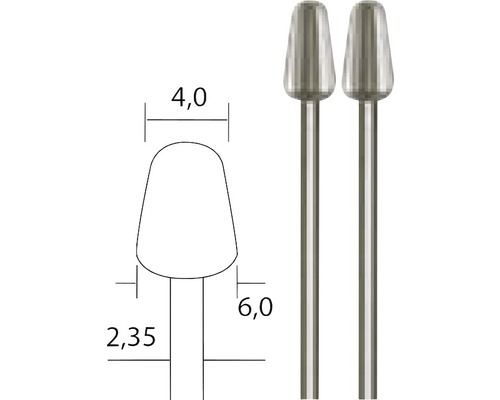 Două freze abrazive cu dimensiunile de 4,0 mm și 6,0 mm, prezentate într-un desen tehnic și ca un produs real.
