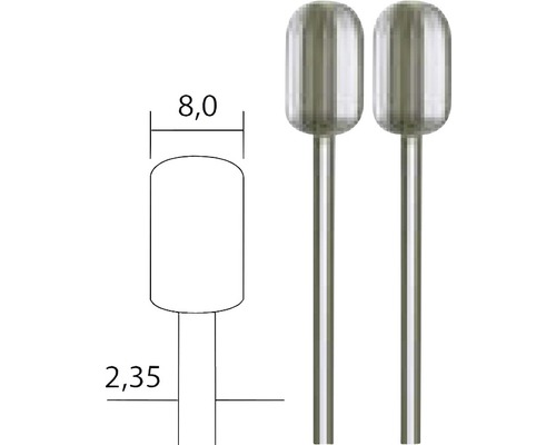 Două capete de frezare, fiecare cu un cap de 8,0 mm și un arbore de 2,35 mm.