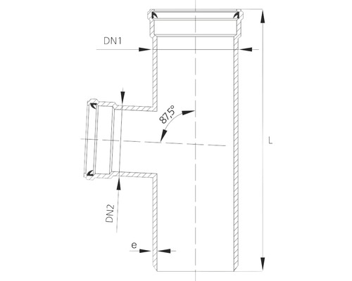 Desen tehnic al unui racord în T cu dimensiunile DN1, DN2, L, e și un unghi de 87,5 grade.