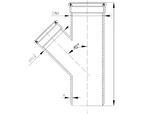 Desen tehnic al unei ramificații de conductă de canalizare cu un unghi de 45 de grade