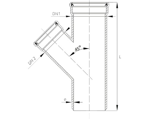 Desen tehnic al unei ramificații de conductă de scurgere cu un unghi de 45 de grade