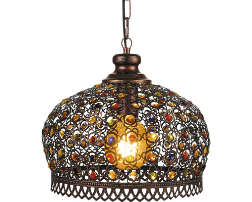 Lumină suspendată cu cadru metalic și pietre ornamentale colorate