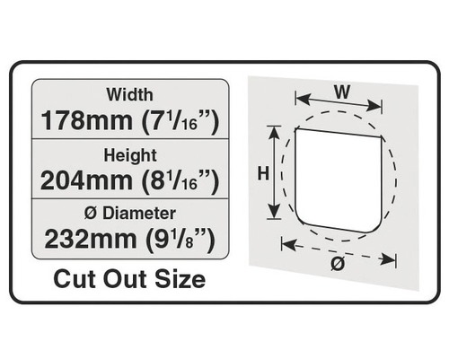Dimensiunile decupajului: Lățime 178 mm, înălțime 204 mm, diametru 232 mm