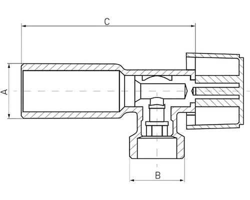 Desen tehnic al unei supape de colț cu dimensiunile A, B și C