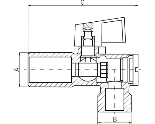 Desen tehnic al unui robinet de colț cu dimensiunile A, B și C.