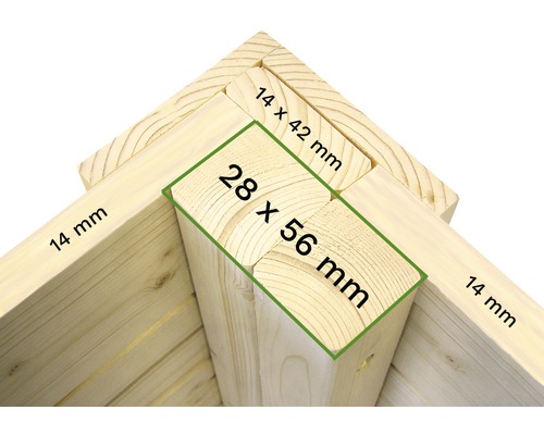 Imagine detaliată a unui cadru din lemn cu dimensiunile de 14 mm, 14 x 42 mm și 28 x 56 mm.
