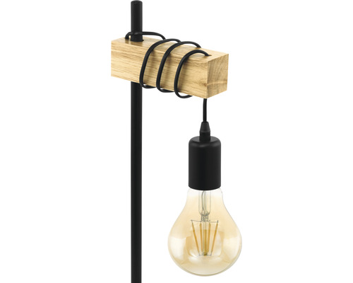 Lampă decorativă de podea cu detalii din lemn și bec vizibil
