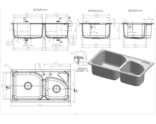 Desen tehnic al unei chiuvete duble cu dimensiuni