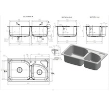 Desen tehnic cu o chiuvetă cu două cuve și dimensiuni detaliate.