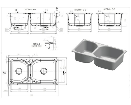 Desen tehnic și vedere 3D a unei chiuvete cu două cuve