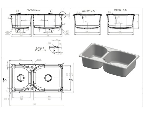 Desen tehnic al unei chiuvete duble cu dimensiuni