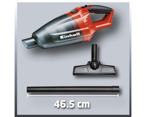 Sigla Einhell, aspirator portabil fără fir cu atașamente pentru duze și un tub de 46,5 cm.