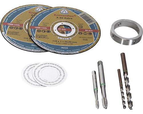 Două discuri de tăiere, un inel, doi taroduri și două burghie elicoidale