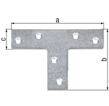 Conector în formă de T cu găuri și indicații de măsurare a, b, c.