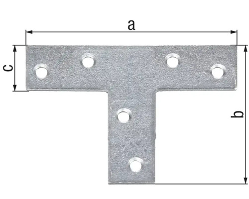 Conector în formă de T cu găuri și indicații de măsurare a, b, c.