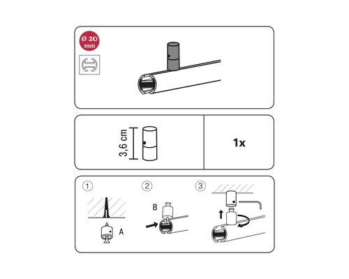 Instrucțiuni pentru montarea unui accesoriu cu diametrul de 20 de milimetri și o lungime de 3,6 centimetri, o singură bucată