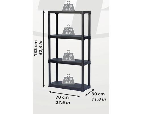Raft negru din plastic cu patru niveluri și dimensiuni