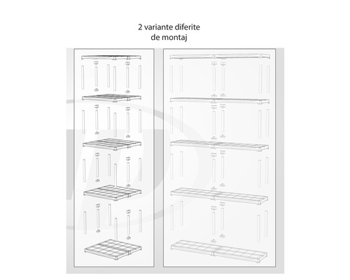 Două variante diferite de montaj pentru un sistem de rafturi.