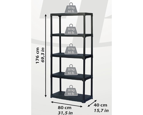 Raft negru din plastic cu cinci niveluri și dimensiuni