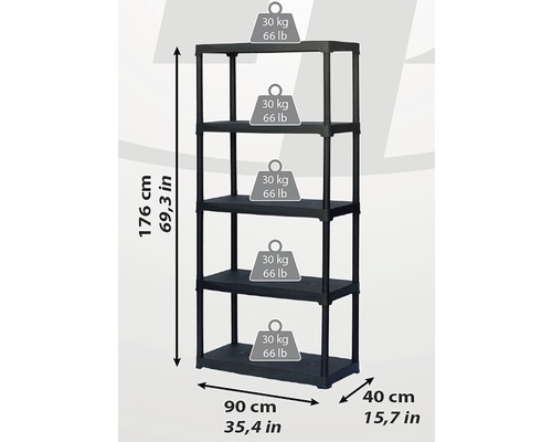 Raft negru din plastic cu cinci rafturi și dimensiuni