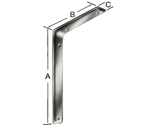 Consolă unghiulară metalică cu găuri de fixare și indicații de dimensiuni