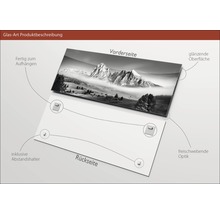 Tablou din sticlă cu peisaj montan, suprafață lucioasă, inclusiv distanțiere pentru aspect plutitor și dispozitiv de agățat