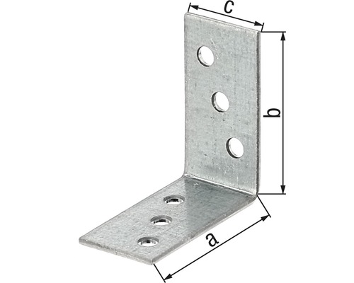 Conector unghiular metalic cu găuri și indicații de dimensiune