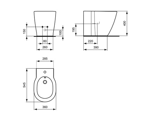 Desen tehnic al unui bideu cu dimensiuni pentru instalare