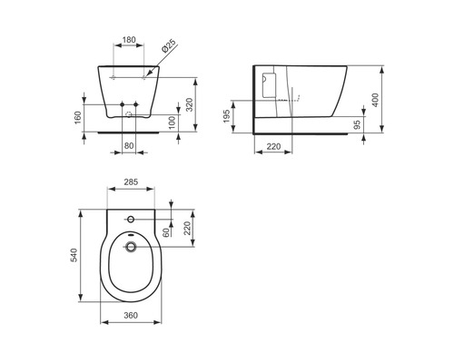 Desen tehnic al unui bideu suspendat cu dimensiuni