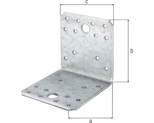 Conector unghiular metalic cu găuri și dimensiunile a, b și c.