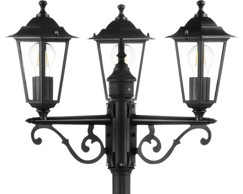 Lampă de exterior neagră cu trei brațe și sticlă transparentă