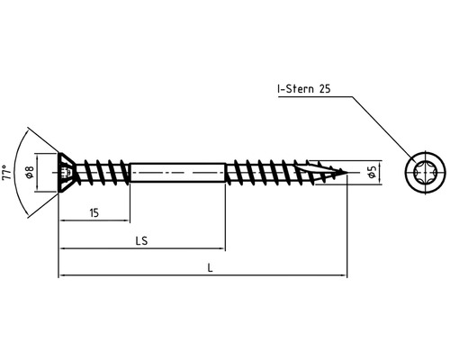 Desen tehnic al unui șurub cu antrenare I-Stern 25 și date dimensionale