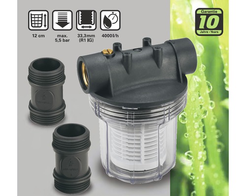 Filtru de hidrofor cu o dimensiune de 12 cm, maximum 5,5 bari, 33,3 mm (R1 IG) și 4000 l/h cu o garanție de 10 ani.