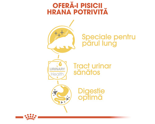 Beneficii hrana pentru pisici: special conceputa pentru pisici cu par lung, tract urinar sanatos si digestie optima.