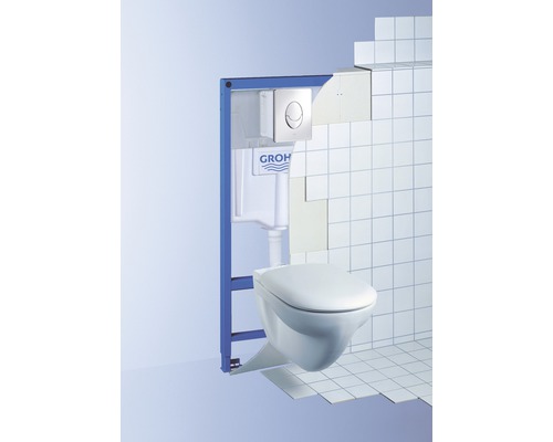 Element de instalare cu vas WC suspendat și placă de acționare în baie