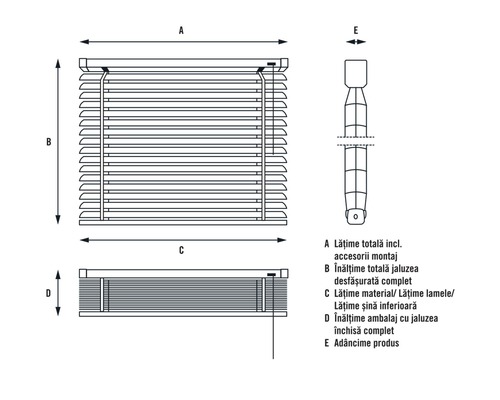 Diagramă cu dimensiunile jaluzelelor care indică lățimea totală, înălțimea totală, lățimea materialului, înălțimea ambalajului și adâncimea produsului