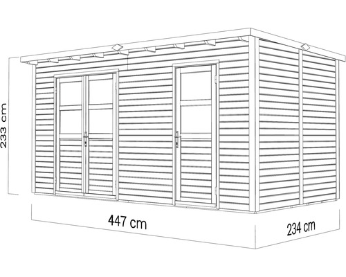 Cabină de grădină cu ușă dublă și ușă simplă, dimensiuni 447 cm x 234 cm x 233 cm