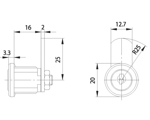 Desen tehnic al unei încuietori de dulap cu dimensiuni