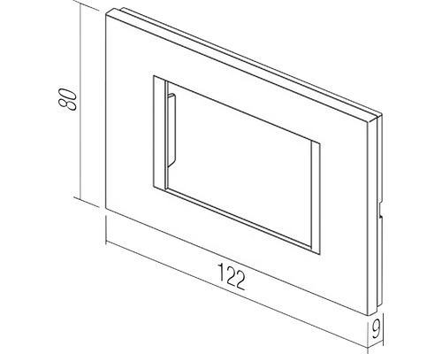 Ramă de comutator cu dimensiunile 80 x 122 x 9 mm.