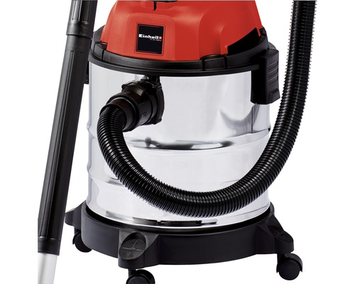 Logo Einhell. Aspirator umed uscat din oțel inoxidabil cu roți și furtun